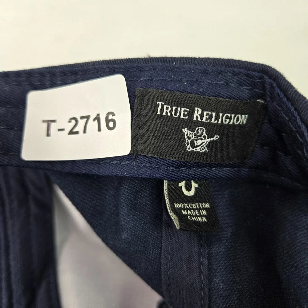 True Religion Men Hat OS Blue Embroidered Script‎ Logo Snapback Cap